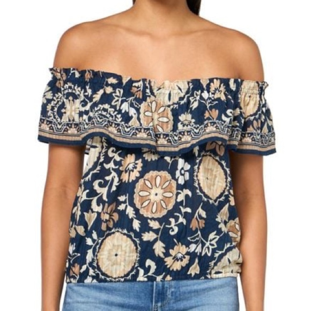 Ramy Brook Off Shoulder Printed Blouse Small Navy Blue Floral Paisley